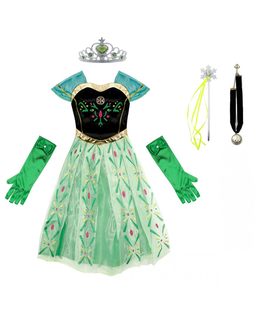 Princess Outfit Girls Dress up Kids Costume Christmas Birthday Party Cosplay Gift with Accessories (Green, 140CM/7-8Y)